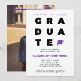 Lila Fette GRADUATE Buchstaben und Abschlussmütze Einladung