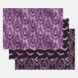 Lila Fledermaus Halloween Damast Muster Geschenkpapier Set