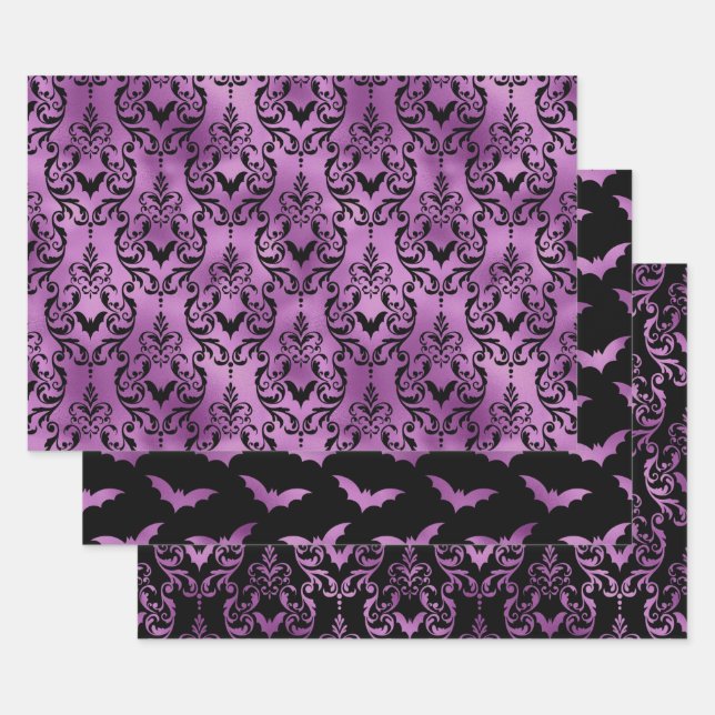 Lila Fledermaus Halloween Damast Muster Geschenkpapier Set (Set)