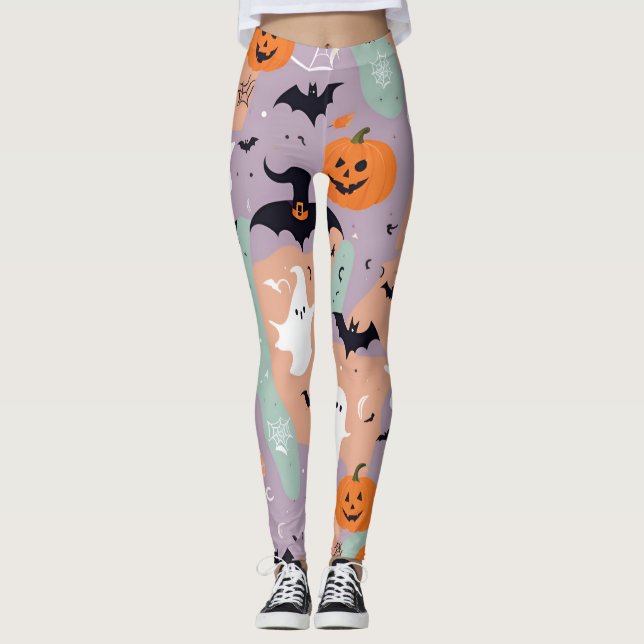 Lila Fledermäuse und Kürbisspucken Halloween Leggings (Vorderseite)
