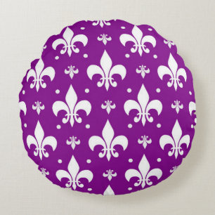 Lila Fleur-de-lis-Muster Rundes Kissen