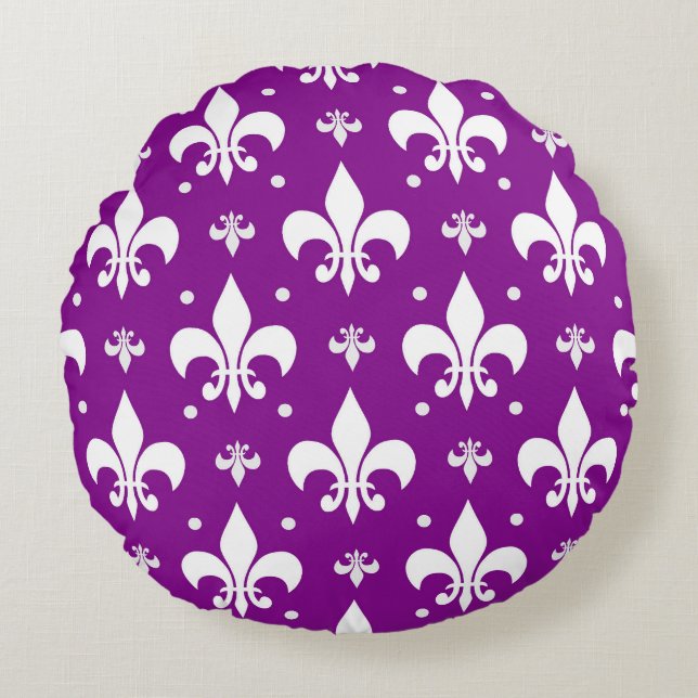 Lila Fleur-de-lis-Muster Rundes Kissen (Vorderseite)