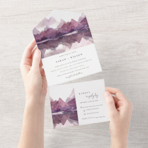 Lila Flieder Aquarell Bergsee Hochzeit All In One Einladung