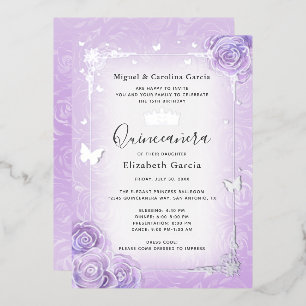 Lila Flieder Lavendel Blumen Quinceañera Silber Folieneinladung