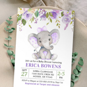 Lila Flieder Purpur Mädchen Elefant Baby Shower Einladung