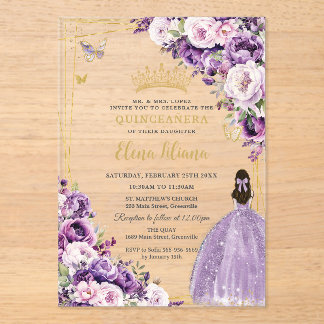 Lila Flieder-Rosafarbenes Blumenkleid Quinceanera Acryleinladungen