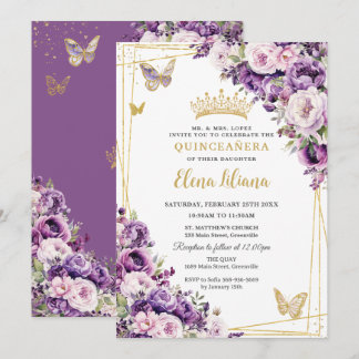 Lila Flieder-Rosafarbenes Blumenkleid Quinceanera Einladung
