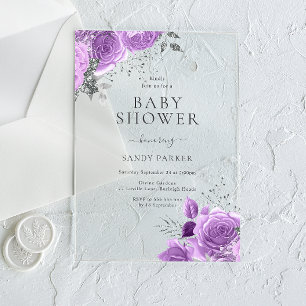 Lila Flieder & Silber Baby Shower Acryleinladungen