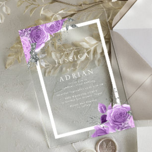 Lila Flieder & Silber Blumenrahmen Hochzeit Acryleinladungen