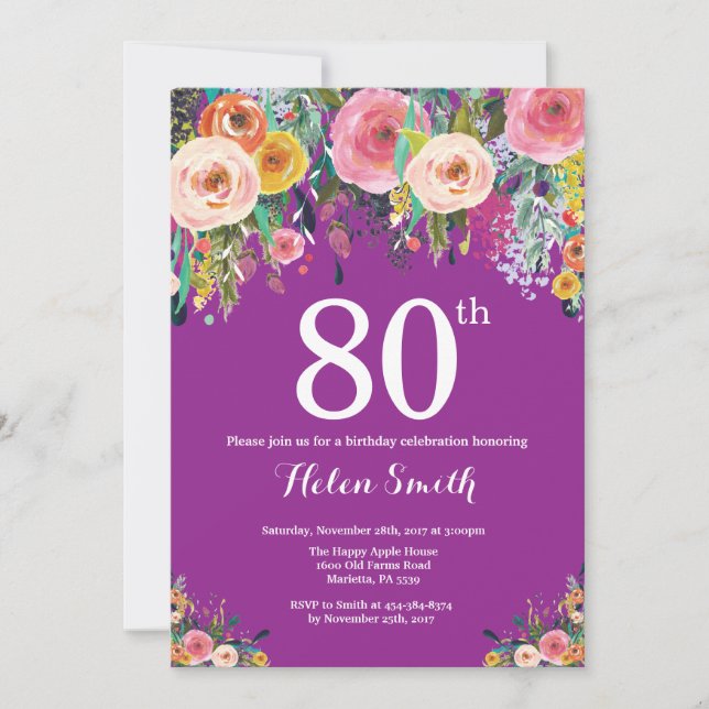Lila Flora 80. Geburtstag Einladung (Vorderseite)