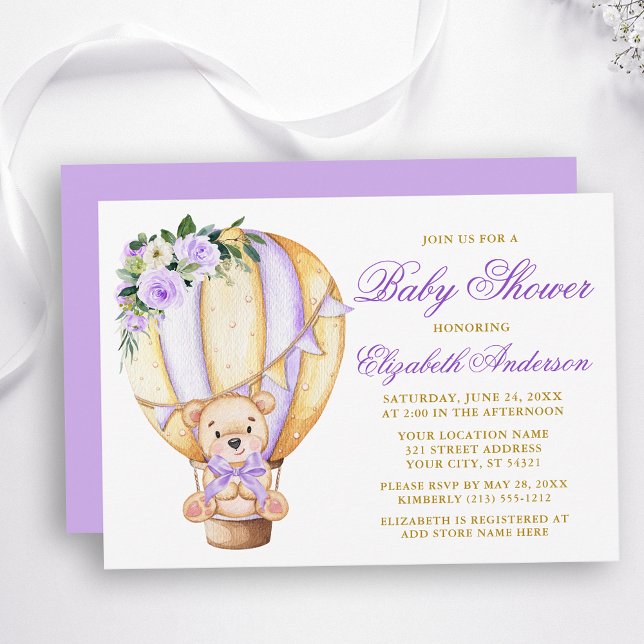 Lila Floral Air Ballon Teddy Bear Baby Dusche Einladung (Customize to change text color, size, style or to change color of back of card.)