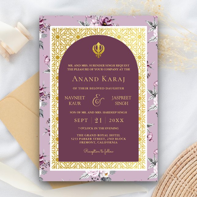 Lila Floral Anand Karaj Punjabi Sikh Wedding Einladung (Von Creator hochgeladen)