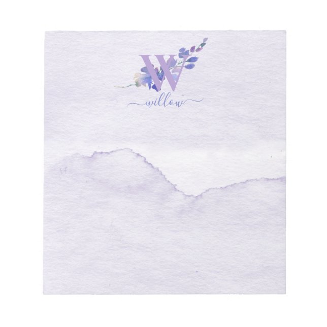 Lila Floral-Aquarell-Monogramm-Papier Notizblock (Vorderseite)