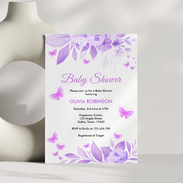 Lila Floral Baby Girl Butterfly Babydusche Einladung (Purple Floral Baby Girl Butterfly Baby Shower Invitation )