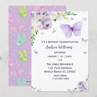 Lila Floral Butterfly Geburtstagsparty Einladung