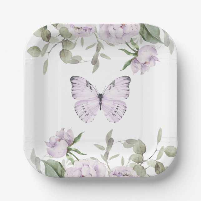 Lila Floral Butterfly Girl Babydusche Pappteller (Vorderseite)