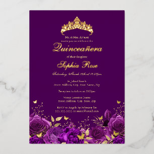Lila Floral Butterfly Tiara Quinceanera Folieneinladung