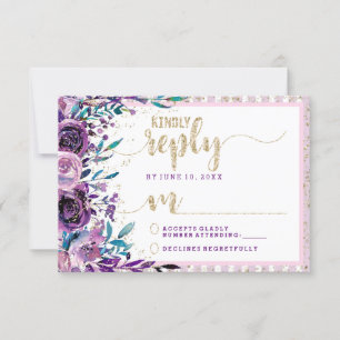 Lila Floral Champagne Gold Wedding Reply UAWG RSVP Karte