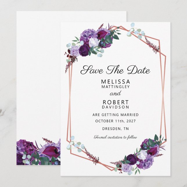 Lila Floral Elegant Save the Date geometrisch (Vorne/Hinten)