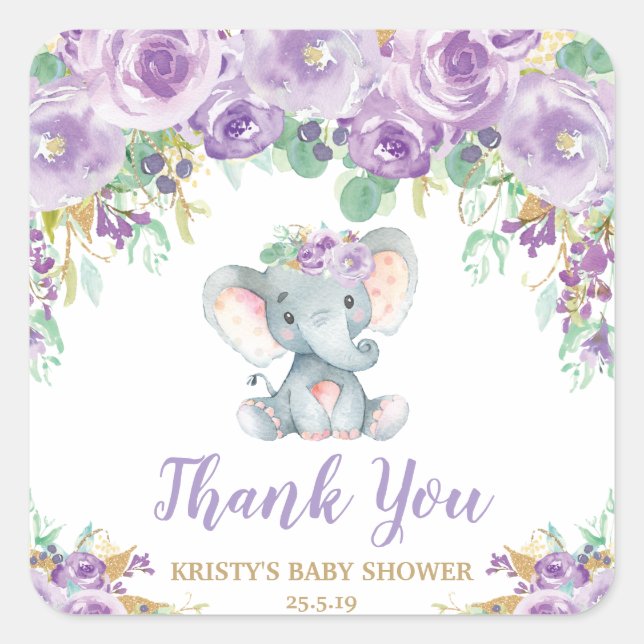 Lila Floral Elephant Baby Dusche Vielen Dank für I Quadratischer Aufkleber (Vorderseite)