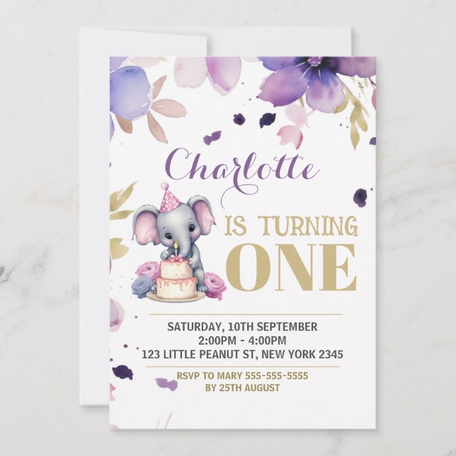 Lila Floral Elephant Boho Geburtstag Einladung (Vorderseite)