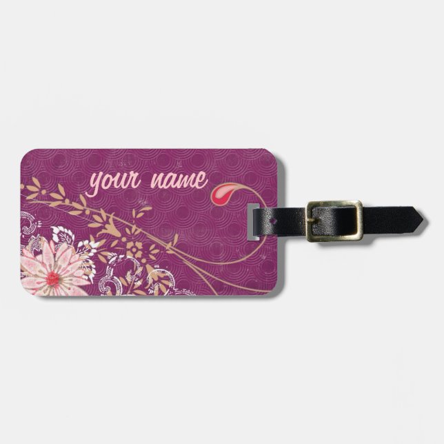 Lila Floral Gepäckträger mit Ledergurt Gepäckanhänger (Vorderseite horizontal)