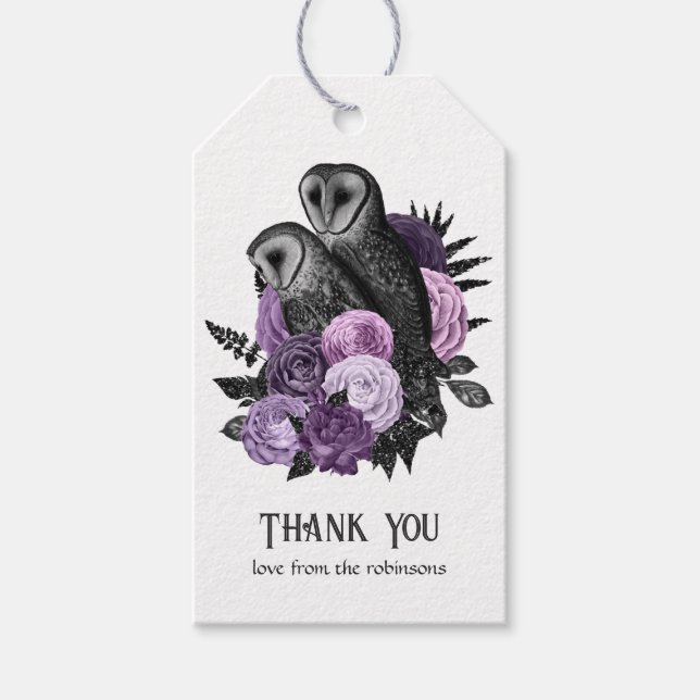 Lila Floral Glam Gothic Owls Geschenkanhänger (Vorderseite)