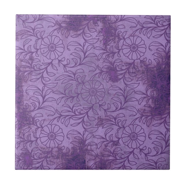 Lila Floral Grunge Fliese (Vorderseite)