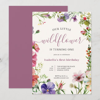 Lila Floral Gurl Kleine Wildblume 1. Geburtstag Einladung