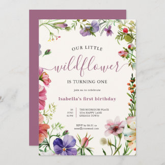 Lila Floral Gurl Kleine Wildblume 1. Geburtstag Einladung