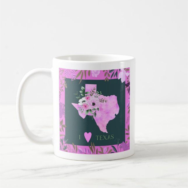 Lila Floral I Liebe Texas Staat Karte Kaffeetasse (Links)