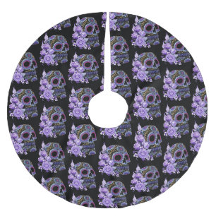 Lila Floral Schwarzer Zuckerschädel Tag der Toten Polyester Weihnachtsbaumdecke