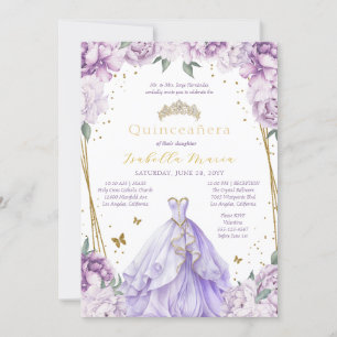 Lila Floral Tiara & Dress Quinceañera Einladung