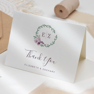 Lila Floral Wreath Monogram Wedding Vielen Dank Karte