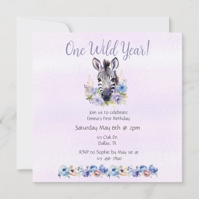 Lila Floral Zebra Geburtstag Einladung (Vorderseite)