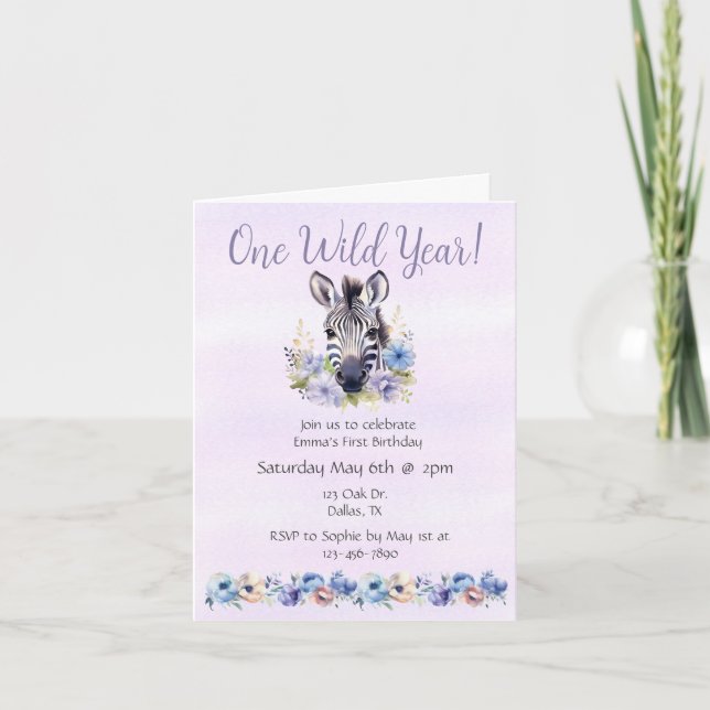 Lila Floral Zebra Geburtstag Einladung (Vorderseite)