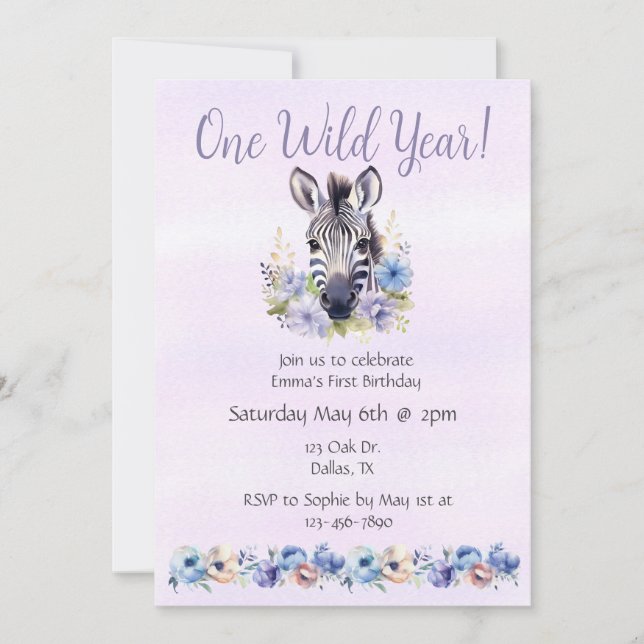 Lila Floral Zebra Geburtstag Einladung (Vorderseite)