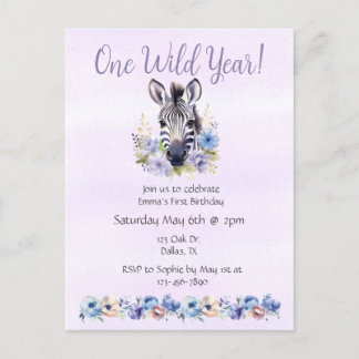 Lila Floral Zebra Geburtstag Einladungspostkarte
