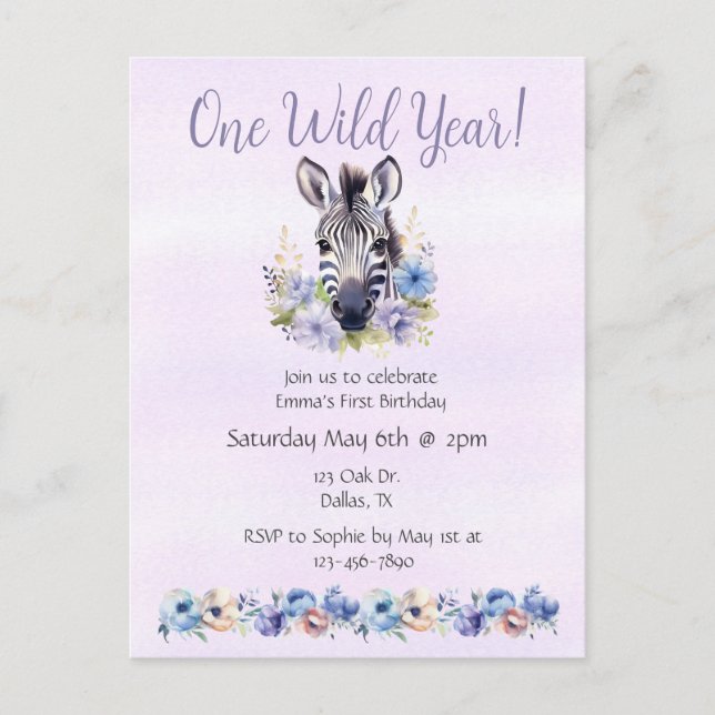Lila Floral Zebra Geburtstag Einladungspostkarte (Vorderseite)