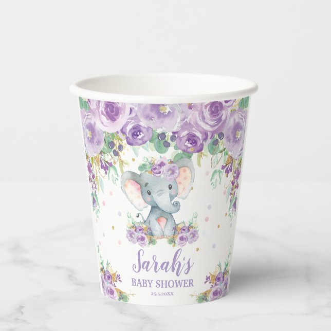 Lila florale Blume Niedlich Elephant Baby Dusche Pappbecher (Vorderseite)