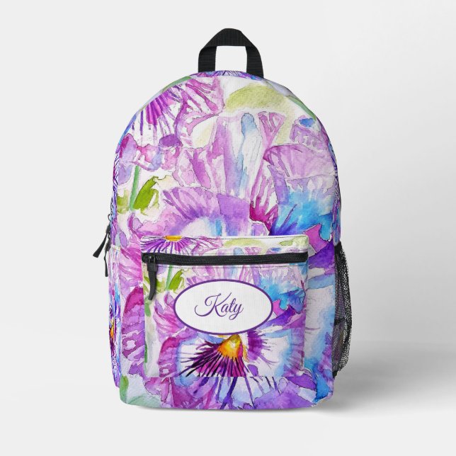 Lila florale Blume Pansy Aquarelltasche Bedruckter Rucksack (Vorderseite)
