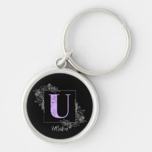 Lila florale Butterfly Custom Monogram - Letter U Schlüsselanhänger