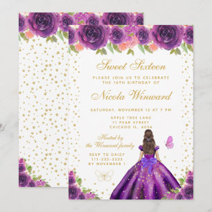 Lila Florale Dunkelhaarige Prinzessin Sweet Sixtee Einladung