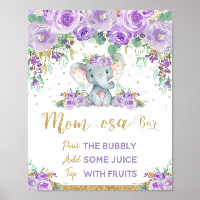 Lila florale Elephant Baby Dusche Momosa Bar Zeich Poster (Vorne)