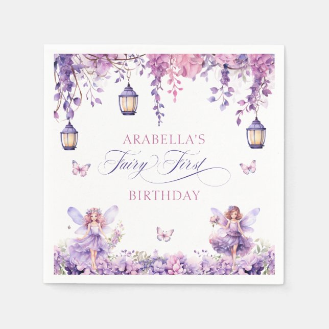 Lila Florale Fantasie Fee Erster Geburtstag Serviette (Vorderseite)