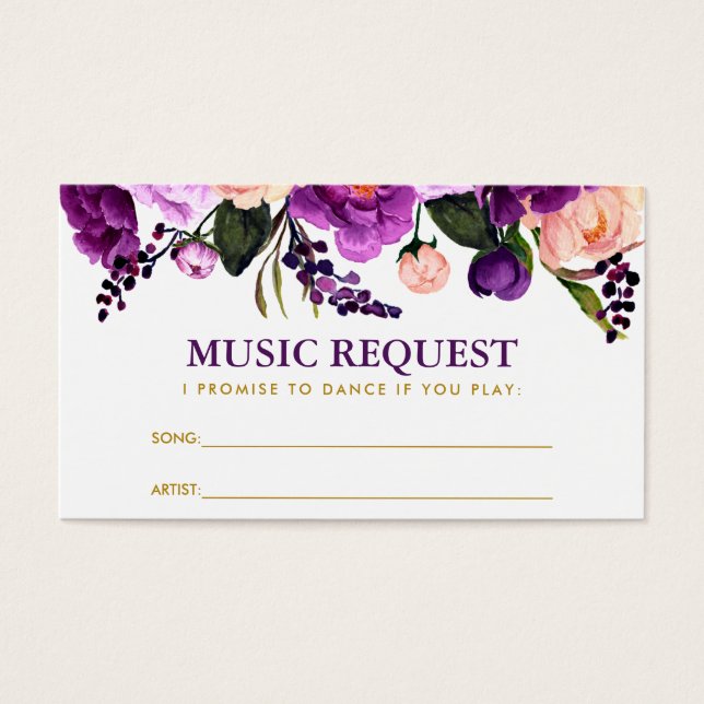 Lila florale Gold Wedding Music Song Request Card (Vorderseite)