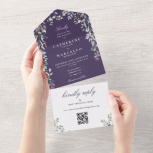 Lila Florale Grün Hochzeits-QR-Code All In One Einladung