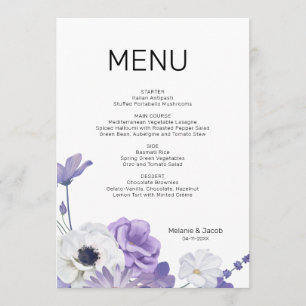 Lila florale Hochzeitkarte Menükarte