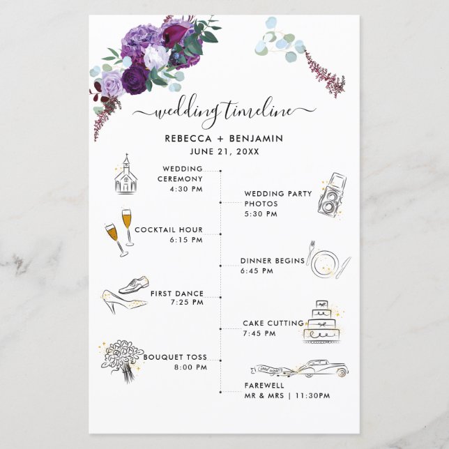Lila Florale Hochzeits-Itinerary-Icons-Programmkar (Vorderseite)