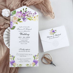 Lila florale Monogramm Elegante Hochzeit All In One Einladung